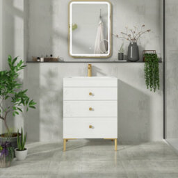 Royal Bathrooms Royal Bathroom Verona 600mm Gloss White 3-Drawer Floor Standing Bathroom Vanity Unit With Stone Basin & Brushed Brass Knob - thumbnail 4