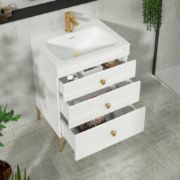 Royal Bathrooms Royal Bathroom Verona 600mm Gloss White 3-Drawer Floor Standing Bathroom Vanity Unit With Stone Basin & Brushed Brass Knob - thumbnail 5