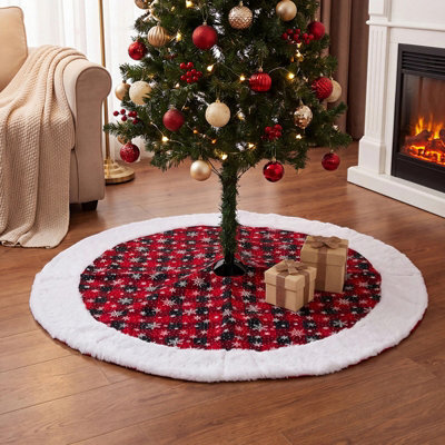 Living And Home 36 Inch Round Polyester Christmas Tree Skirt Buffalo Plaid Snowflake White Faux Fur Trim - image 1