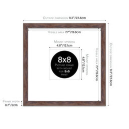 "8X8"" Walnut Picture Frame - 8X8"" Square Frame With 5X5"" Mount For 8X8""/5X5"" Pictures Vintage Style Thin Edge, 1 Pack" - thumbnail 2