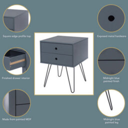Core Products Telford 2 Drawer Blue Bedside Cabinet - Hair Pin Metal Legs, H54.0Cm X W40.0Cm X D40.0Cm - thumbnail 7