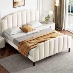 Btm 4Ft6 Double Velvet Bed Beige With Adjustable Channel Tufted Headboard And Solid Slats Easy Assembly
