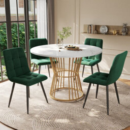 Btm 5 Piece Dining Set, Round 100Cm Table With Gold Metal Legs, White Mdf Top  4 Green Velvet Dining Chairs - thumbnail 2