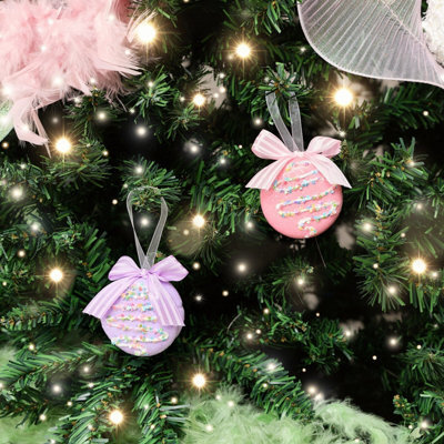 Melody Maison Set Of 2 Pink & Purple Pastel Hanging Macaron Bauble Decorations - 5.5Cm - image 1