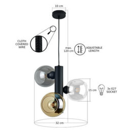 Luminosa Lighting Luminosa Tube Globe Pendant Ceiling Light Black, Smoky, Amber, Transparent Glass Shade 3X E27 - thumbnail 3
