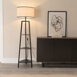 Valuelights Hiru Black 3 Tier Shelf Floor Lamp With Black Trim Linen Shade - thumbnail 1