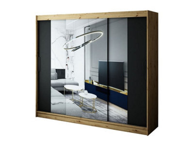 Arte Leto T2 Contemporary 2 Sliding Mirror Door Wardrobe 9 Shelves 2 Rails Black Matt And Oak Effect (H)2000mm (W)2500mm (D)620mm - image 1