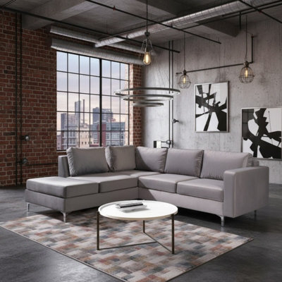 Orlando Velvet Living Room Corner Sofa Metal Legs Freestanding Upholstered Back 2355Cm 212Cm 85Cm Light Grey Left - image 1