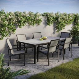 Xample Agio Maxwell 7 Piece Sling Dining Set With Cover 6 Seater Aluminium Outdoor Table Set With Sintered Stone Top & Sling Chairs