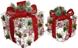 Set Of 2 Light Up Christmas White Rattan Parcels With Red Bow - With Battery Powered Led Lights
