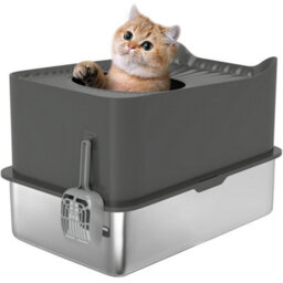 Pawhut Stainless Steel Cat Litter Box, Enclosed Metal Litter Tray, Dark Grey - thumbnail 2