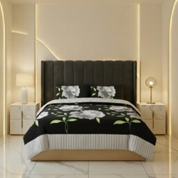 Reversible Floral Duvet Set Elegant Flower Stripe Pattern Bedding For Home Decor Black - thumbnail 2