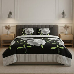 Reversible Floral Duvet Set Elegant Flower Stripe Pattern Bedding For Home Decor Black - thumbnail 1