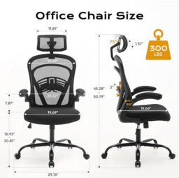 Mesh Office Chair With Headrest, Flip-Up Armrests & Lumbar Support, Height Adjustable Swivel Desk Chair, Black - thumbnail 2