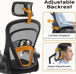 Mesh Office Chair With Headrest, Flip-Up Armrests & Lumbar Support, Height Adjustable Swivel Desk Chair, Black - thumbnail 3