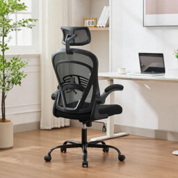 Mesh Office Chair With Headrest, Flip-Up Armrests & Lumbar Support, Height Adjustable Swivel Desk Chair, Black - thumbnail 7