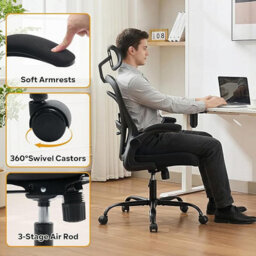 Mesh Office Chair With Headrest, Flip-Up Armrests & Lumbar Support, Height Adjustable Swivel Desk Chair, Black - thumbnail 4