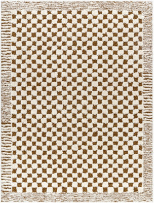 Livabliss Freud-Modern Ivory Brown High Pile Checkered Living Dining Bedroom Rug 200 X 275 Cm Easy Care, Non Shedding - image 1