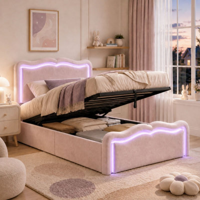 Merax 3Ft Single Ottoman Bed 90X190 Cm, Velvet Bed Frame With Led Lights, Wave Headboard, Hydraulic Storage, Pink - image 1