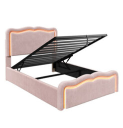 Merax 3Ft Single Ottoman Bed 90X190 Cm, Velvet Bed Frame With Led Lights, Wave Headboard, Hydraulic Storage, Pink - thumbnail 9