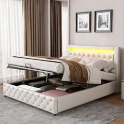 Abrihome Upholstered Bed 135X190Cm With Storage, Slatted Frame & Rgb Led Lights, White Pu - thumbnail 1