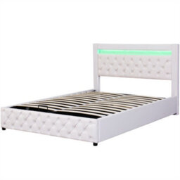 Abrihome Upholstered Bed 135X190Cm With Storage, Slatted Frame & Rgb Led Lights, White Pu - thumbnail 7