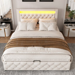 Abrihome Upholstered Bed 135X190Cm With Storage, Slatted Frame & Rgb Led Lights, White Pu - thumbnail 9