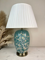 Downton Interiors Teal Blossom Ceramic Table Lamp With Pleated Shade