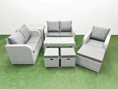 Fimous High Back Poly Rattan Garden Furniture Set Reclining Chair Loveseat Sofa Oblong Coffee Table Set 3 Stools Side Table - image 1