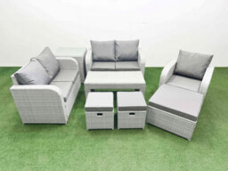 Fimous High Back Poly Rattan Garden Furniture Set Reclining Chair Loveseat Sofa Oblong Coffee Table Set 3 Stools Side Table - thumbnail 2