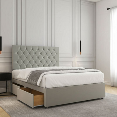 REGIONAL FURNISHINGS Silver Plush Velvet Divan Bed Set Upholstered With 24Inch Headboard 2Drawersfootend & Mattress In 4Ft 4Ft6 5Ft 6Ft Sizes - image 1