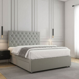 REGIONAL FURNISHINGS Silver Plush Velvet Divan Bed Set Upholstered With 24Inch Headboard 2Drawersfootend & Mattress In 4Ft 4Ft6 5Ft 6Ft Sizes - thumbnail 3
