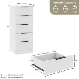 Lassic Vida Designs Trega 5-Drawer Narrow Chest In Black Compact Storage Solution For Small Rooms & Nurseries, 900(H) X 345(W) X 360(D) - thumbnail 3