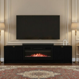 Tireno Black Molet Electric Fireplace Tv Cabinet With Fluted Fronts Modern Mdf Media Storage Unit For Living Room