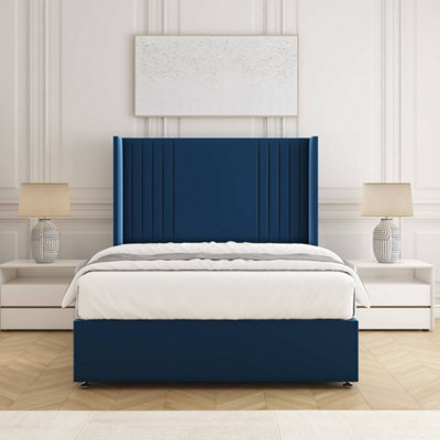 Bsspoke Cheshire Divan Bed Set Blue Plush Velvet 54Inch Panel Headboard & Mattress No Drawers In 3Ft 4Ft 4Ft6 5Ft 6Ft - image 1