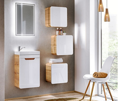 Impact Furniture Wall Hung Bathroom Cloakroom Furniture Set 400mm Vanity Unit With Sink Wall Storage Cabinets White Gloss Oak Arub - image 1