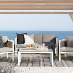 Wyld And Coco 5-Seater L-Shaped Outdoor Sofa Set - White Cushions, Brown Aluminium Frame, Tempered Glass Coffee Table - thumbnail 2