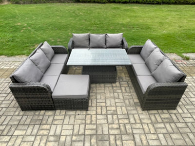 Fimous Patio Garden Dining Set Outdoor Rattan Furniture Lounge Sofa Height Adjustable Table With Big Footstool - image 1