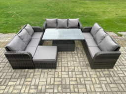 Fimous Patio Garden Dining Set Outdoor Rattan Furniture Lounge Sofa Height Adjustable Table With Big Footstool - thumbnail 2