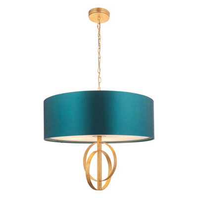 Antique Gold Ceiling Pendant Light & Teal Satin Shade - 5 Bulb Hanging Fitting - image 1