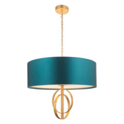 Antique Gold Ceiling Pendant Light & Teal Satin Shade - 5 Bulb Hanging Fitting - thumbnail 1