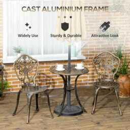 Outsunny 3 Pcs Cast Aluminium Bistro Set W/ Parasol Hole For Balcony, Brown - thumbnail 5
