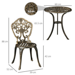 Outsunny 3 Pcs Cast Aluminium Bistro Set W/ Parasol Hole For Balcony, Brown - thumbnail 3