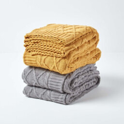 Homescapes Mustard Diamond Cable Knit Cotton Throw, 150 X 200 Cm - thumbnail 5