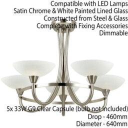 Semi Flush Ceiling Light Satin Chrome & White 5 Bulb Hanging Pendant Lamp Shade - thumbnail 2