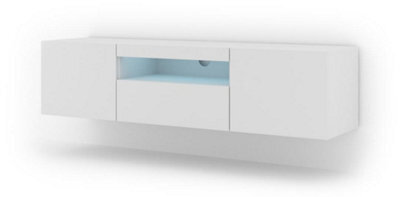 Arte Aura Modern Tv Cabinet 150Cm In White Matt With Blue Led Lighting - W1500mm X H36-420mm X D370mm - image 1