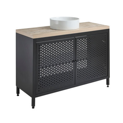 Homestylestore 1200mm Black Metal Floorstanding Bathroom Vanity Unit Light Oak Countertop And Round Basin - image 1