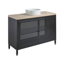 Homestylestore 1200mm Black Metal Floorstanding Bathroom Vanity Unit Light Oak Countertop And Round Basin - thumbnail 1