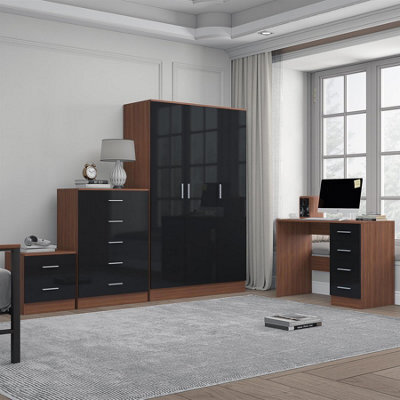Reflect 3 Door Plain Wardrobe, 5 Drawer Chest, 2 Drawer Bedside & Desk - Black Gloss & Walnut - Modern Bedroom Furniture Set - image 1