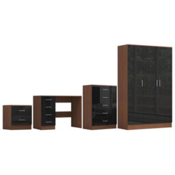Reflect 3 Door Plain Wardrobe, 5 Drawer Chest, 2 Drawer Bedside & Desk - Black Gloss & Walnut - Modern Bedroom Furniture Set - thumbnail 5